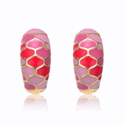 Young Adults/Teens 14k Yellow Gold Plated Pink Sunset Stained Glass Snake Scale Hoop Earrings