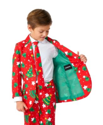 Little Boys Christmas Trees Stars Button Closure Suit Set Including Blazer, Pants and Clip-On-Tie
