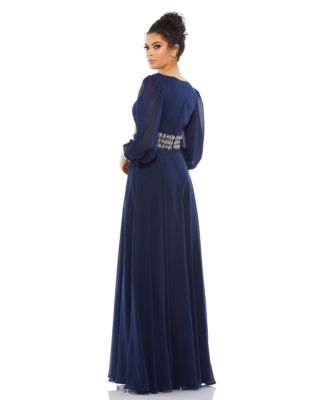 Women's Bishop Sleeve Wrap Over Belt Detail Flowy Gown