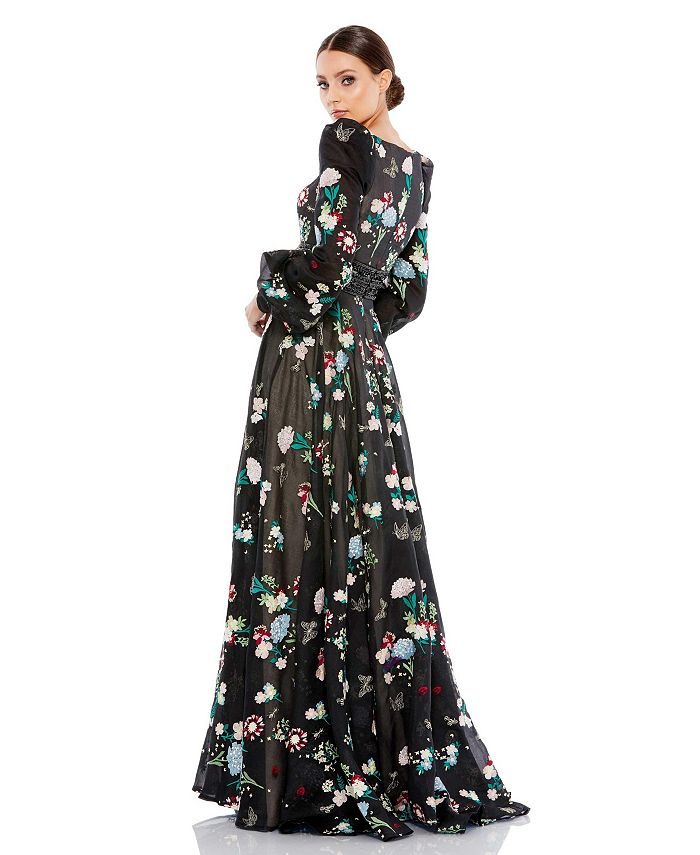 Mac Duggal Women's Embroidered Bishop Sleeve V Neck Flowy Gown - Macy's
