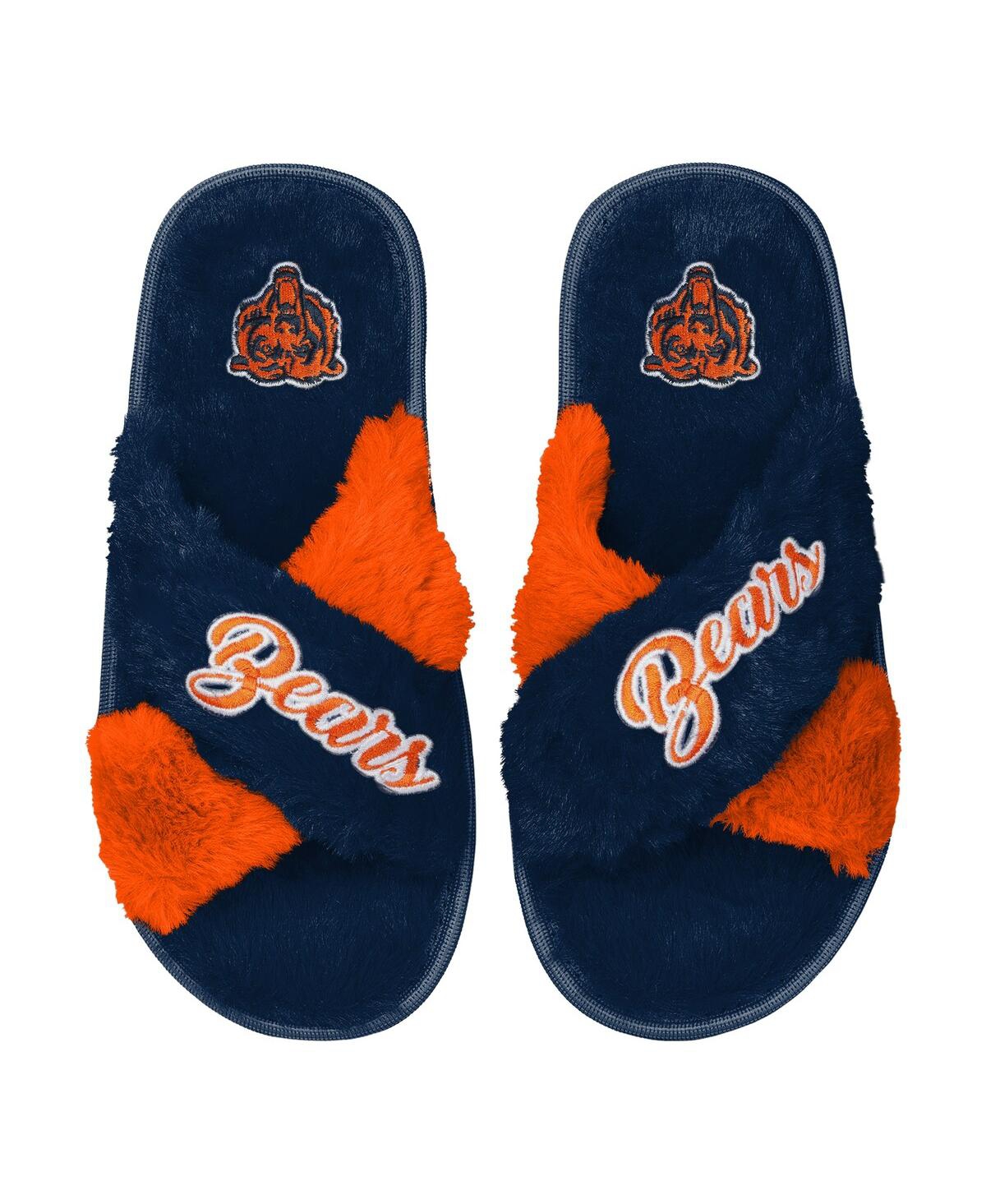 FOCO WOMEN'S FOCO NAVY CHICAGO BEARS TWO-TONE CROSSOVER FAUX FUR SLIDE SLIPPERS