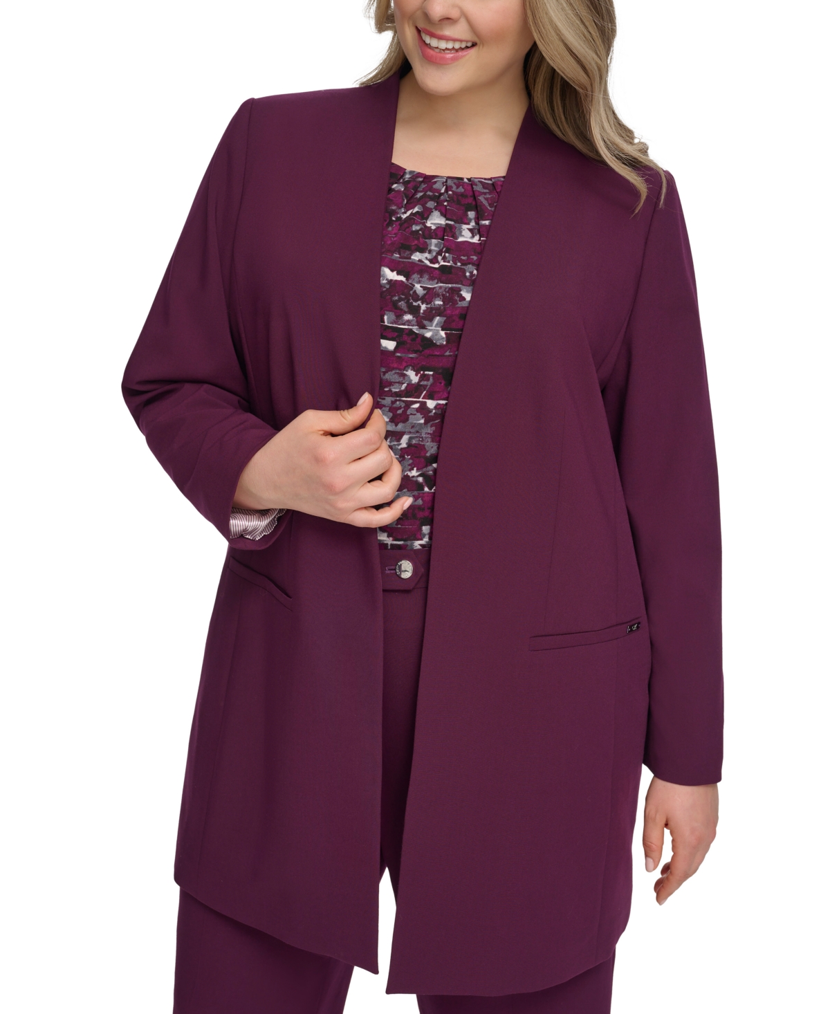 Calvin Klein Plus Size Open-front Rollback-cuff Jacket, Created For Macy's In Aubergine