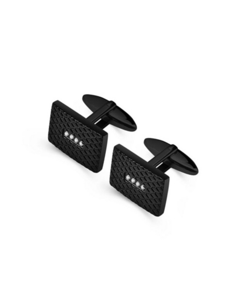 Мужские аксессуары Metallo Stainless Steel Rectangle Checkered Design w/ CZ Cuff Links - Black Plated