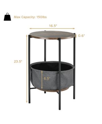 Industrial Round End Side Table Sofa Coffee Table w/ Storage Basket&Metal Frame