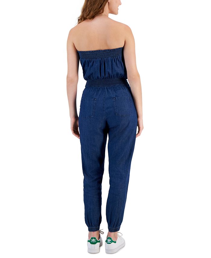 Dollhouse Juniors' Denim Strapless Smocked Jumpsuit Macy's
