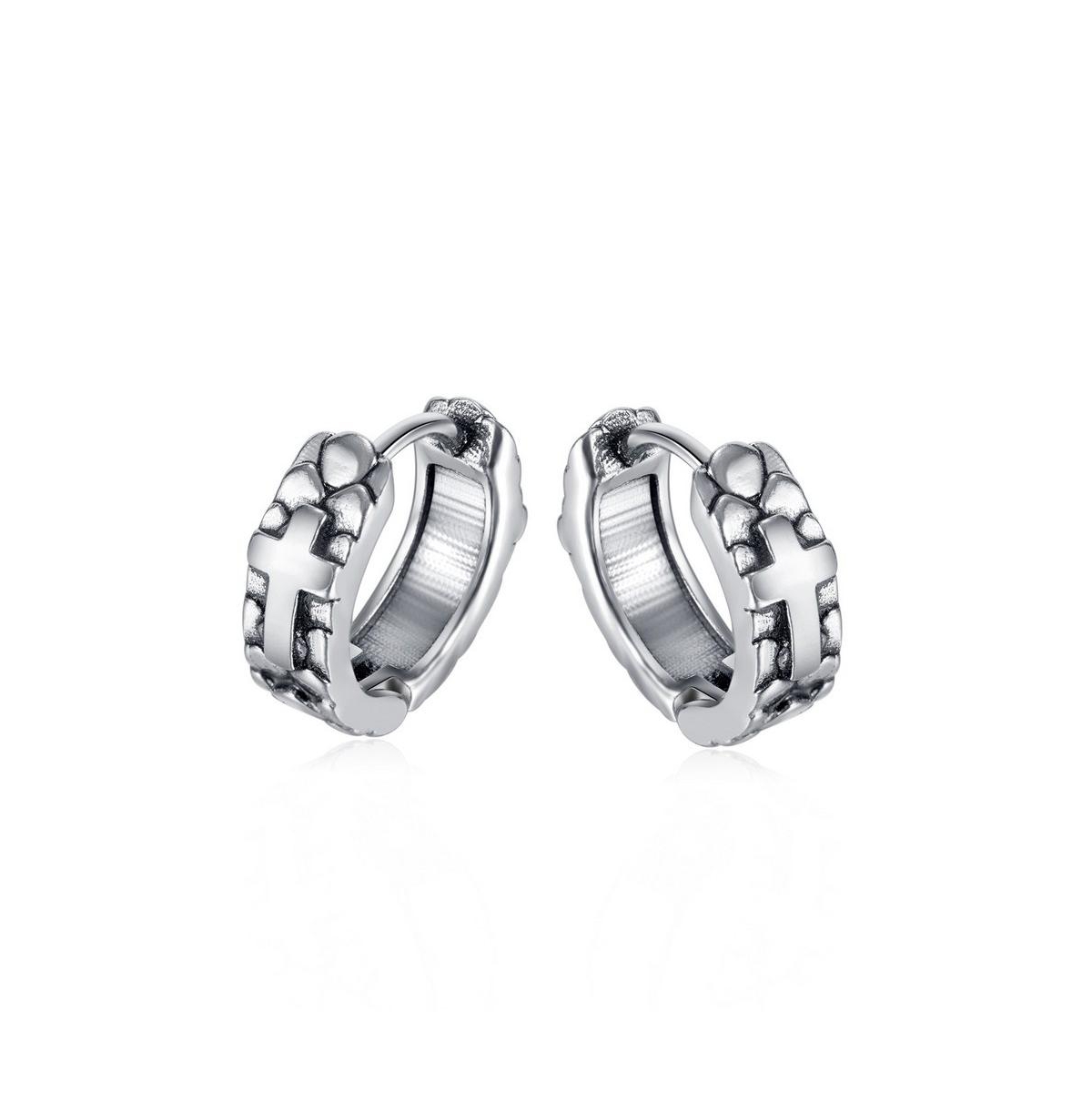 Stainless Steel Oxidized Pebbled Cross Huggie Hoop Earrings - Silver