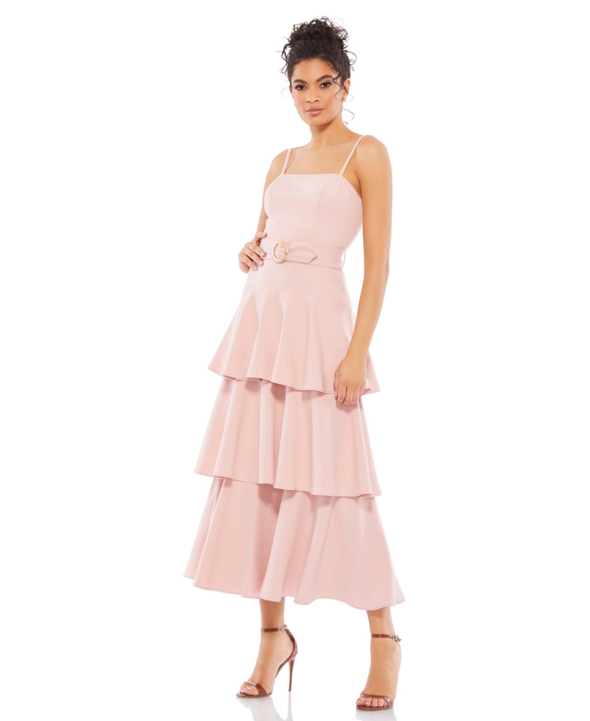 Mac Duggal Belted Tiered Ruffle Sleeveless Midi Dress In Rose Pink