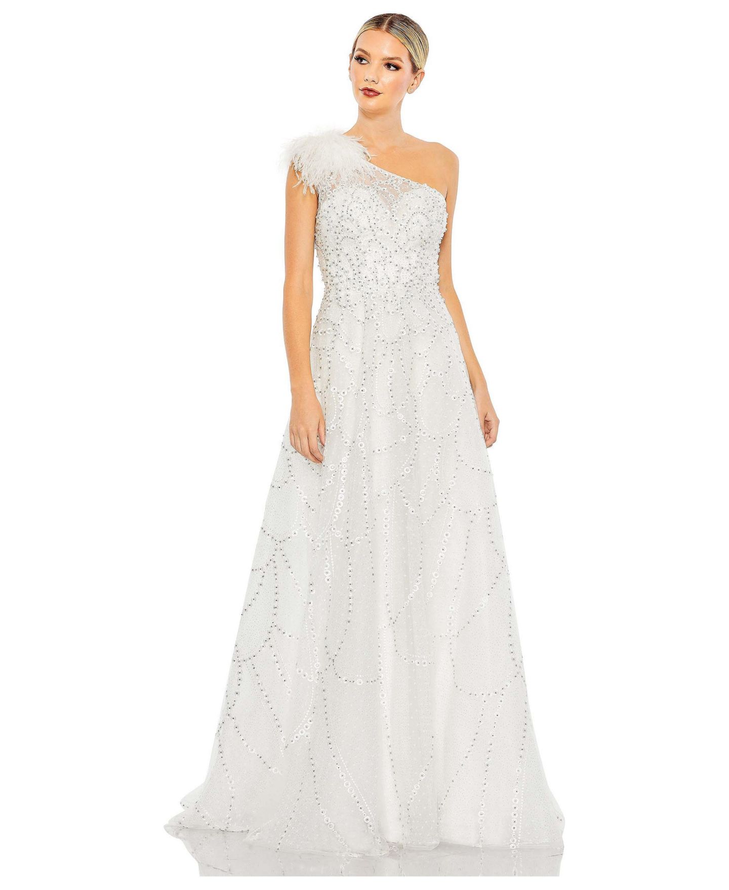 Женское платье Mac Duggal Embellished One Shoulder A Line Gown, цвет: Слоновая кость — фото 9
