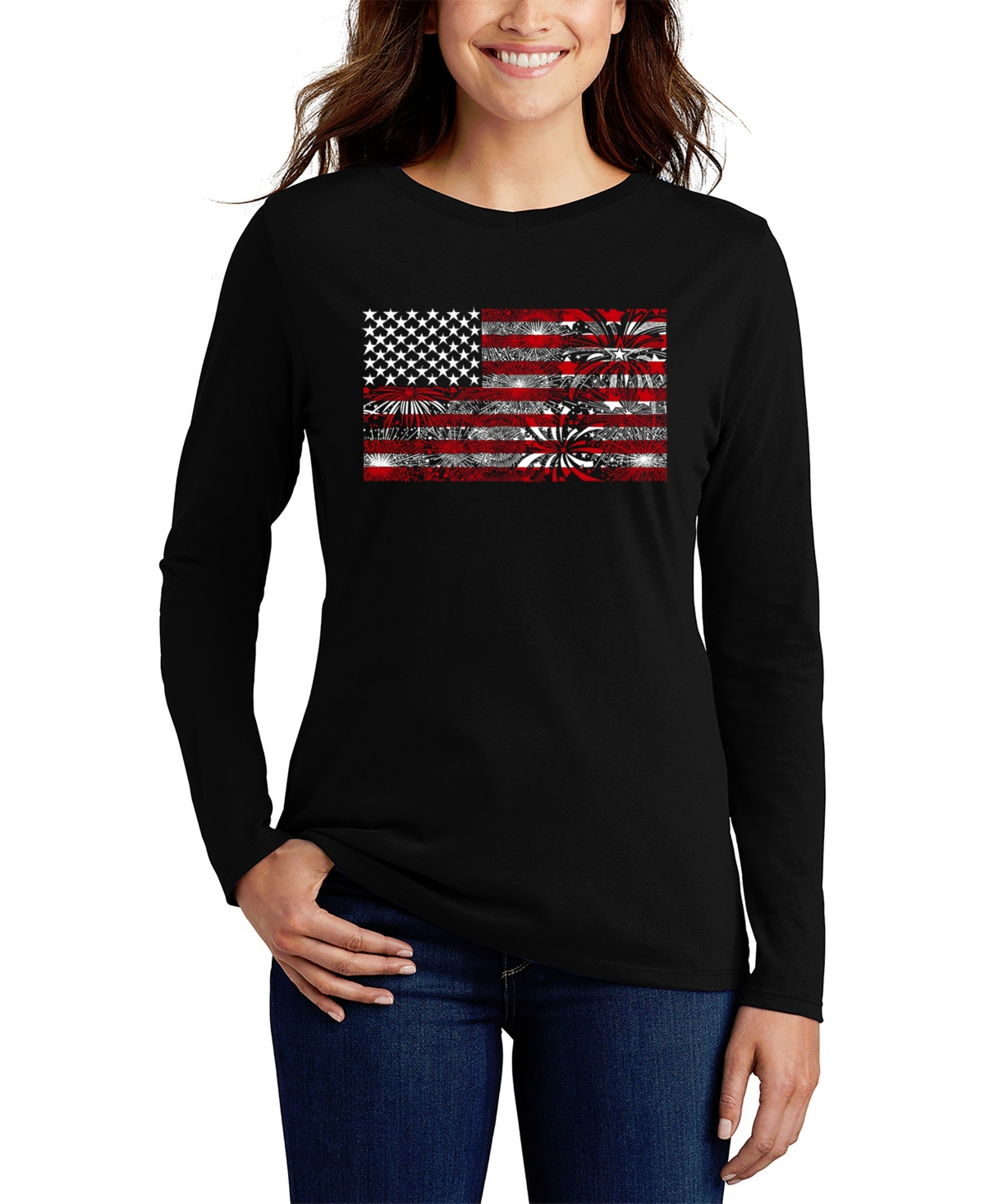 La Pop Art Women's Fireworks American Flag Long Sleeve T-shirt In Black