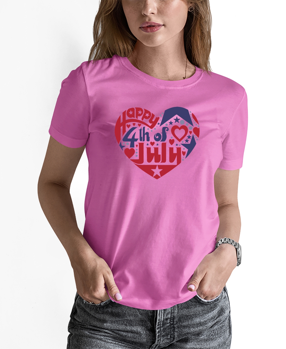 La Pop Art Women's July 4th Heart Word Art Short Sleeve T-shirt In Pink