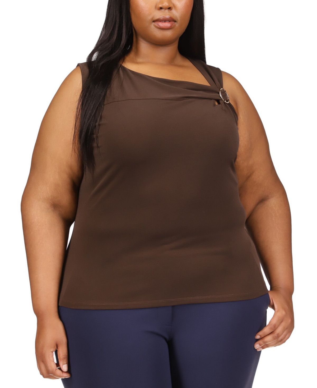 Michael Kors Michael  Plus Size Asymmetrical O-ring Top In Chocolate