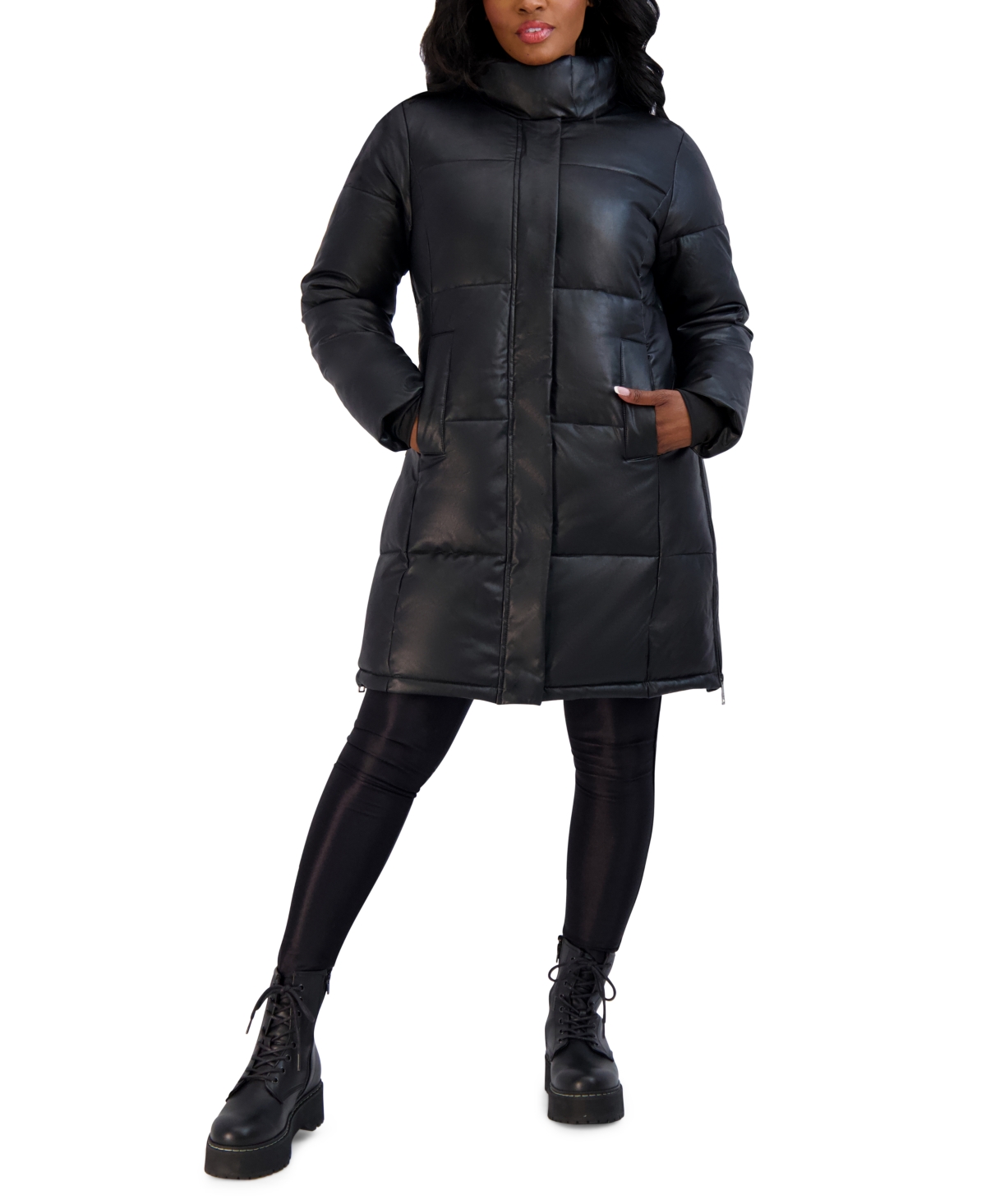 Steve Madden Juniors Faux Leather Puffer Coat Brown Smart Closet
