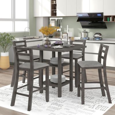 5-Piece Wooden Counter Height Dining Set With Padded Chairs And Storage Shelving