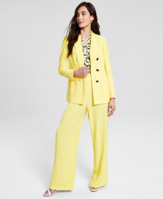 Anne Klein Womens Triple Button Blazer Printed Blouse High Rise Pants In Bright Daffodil