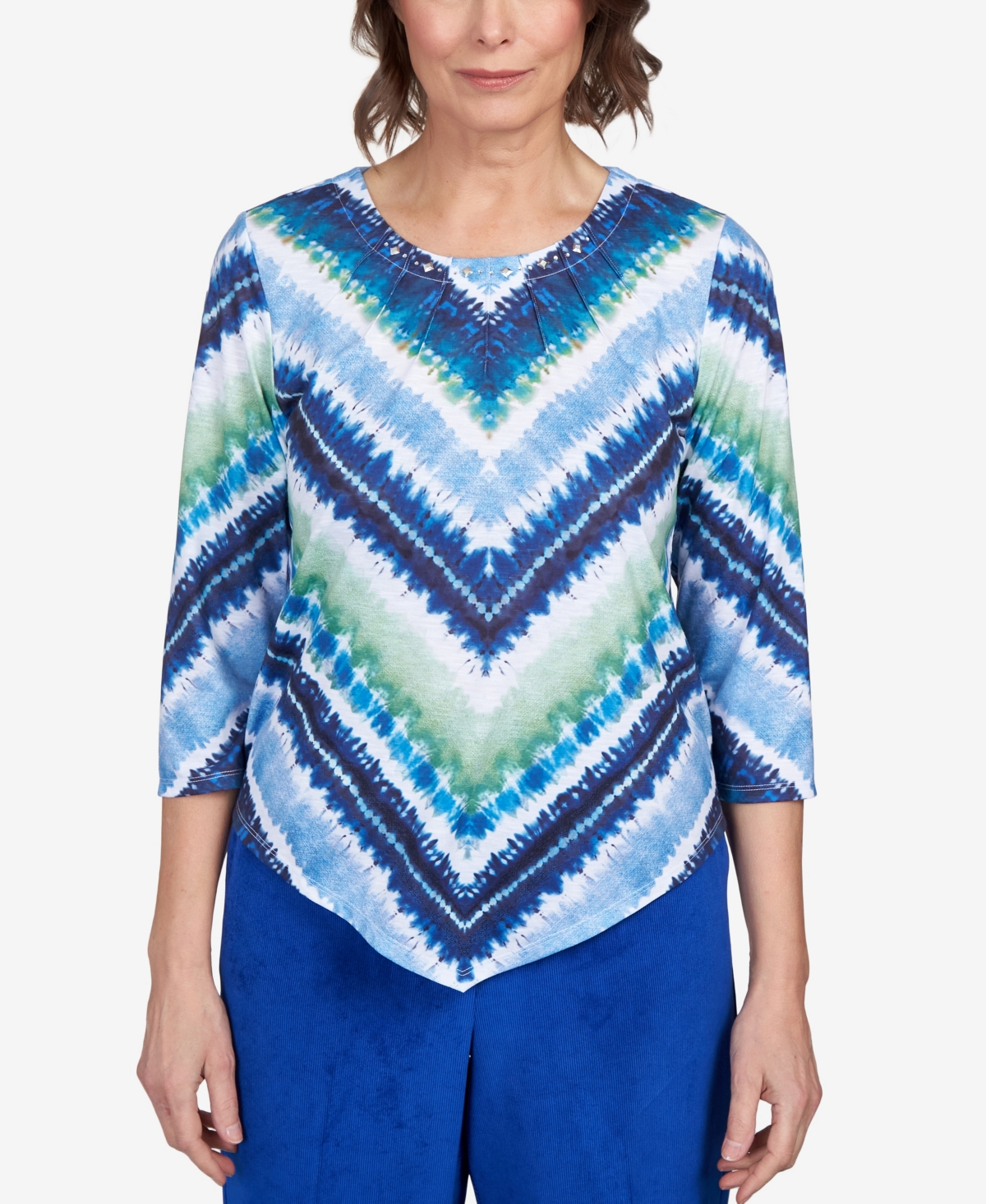 Alfred Dunner Plus Size Classics Textured Chevron Pleated Neck Top In Denim