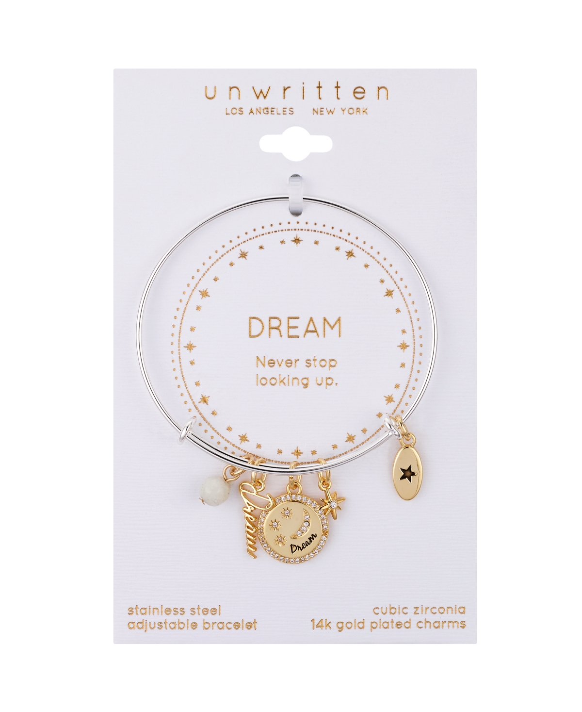 Unwritten Amazonite and Crystal Cubic Zirconia Moon and Stars Charm Bracelet - Gold Two-Tone
