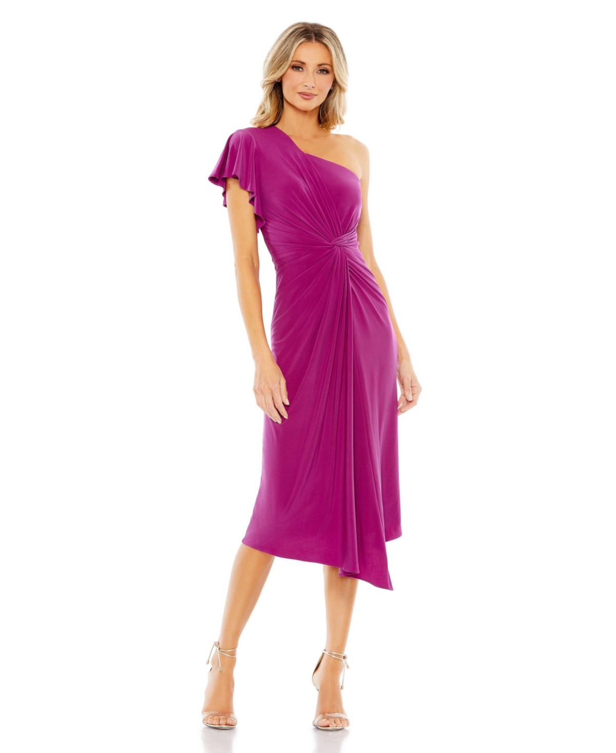 Shop Mac Duggal Women's One Shoulder Midi Length Dress In Magenta