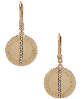 DKNY - Gold-Tone Pav&eacute;-Stripe Logo Disc Drop Earrings