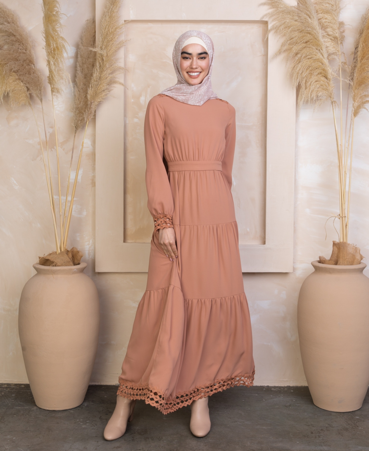 Urban Modesty Women's Lace-trim Tiered Maxi Dress In Hazelnut