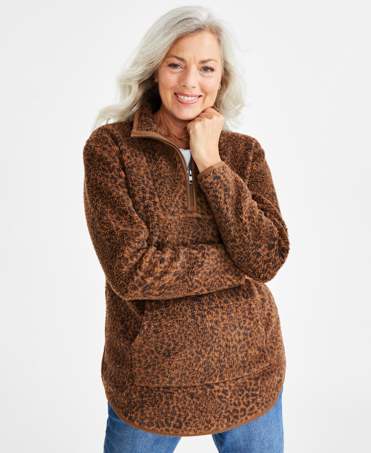 Style & Co Petite Quarter-zip Sherpa Pullover Sweatshirt, Created For Macy's In Sherpa Leopard Caramel Kiss