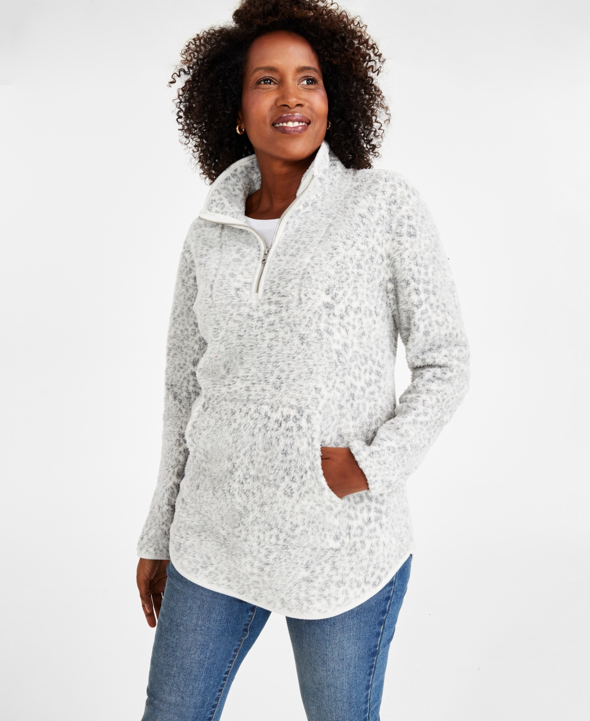 Style & Co Petite Quarter-zip Sherpa Pullover Sweatshirt, Created For Macy's In Sherpa Leopard Eggnog