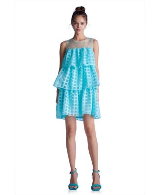 Women's Organza Gridded Tiered Sleeveless Mini Dress