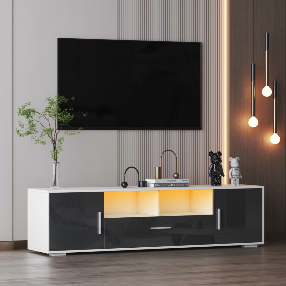 Streamdale Furniture 20 Minutes + Modern Tv Stand With Led Lights, High Glossy Front Tv Cabinet