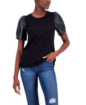Nine West - Women's Mixed-Media Faux Leather Puff-Sleeve Top