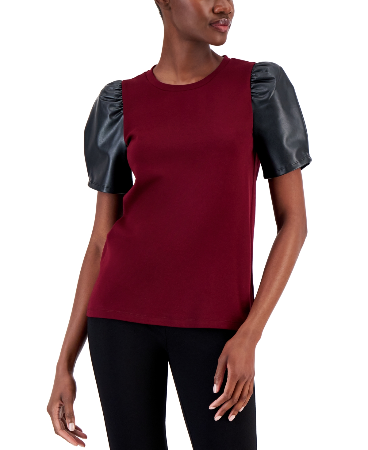 Nine West Women's Faux Leather Puff-sleeve Top In Chocolate Berry