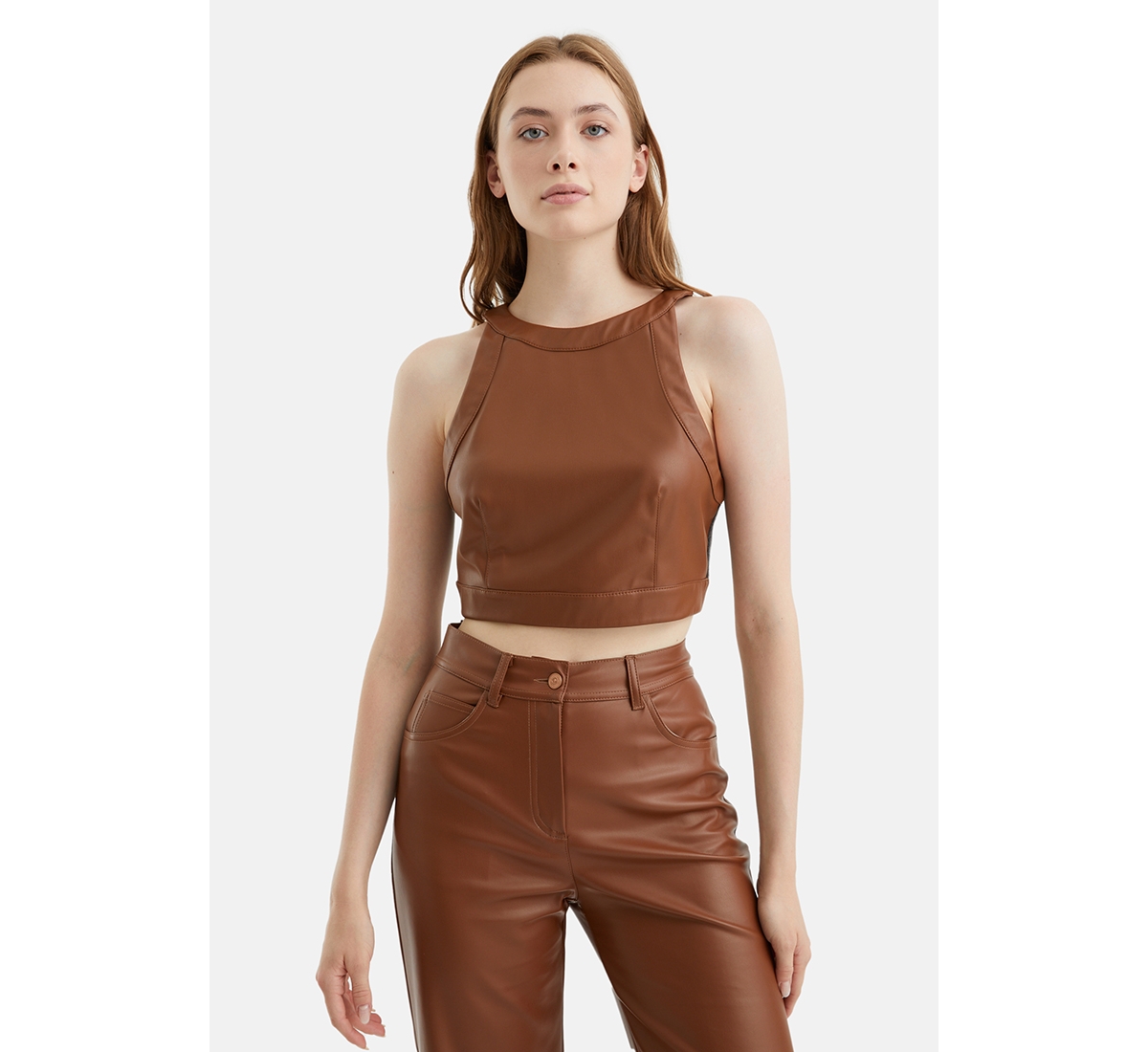 Women's Pleated Pleather Crop Top - Brown