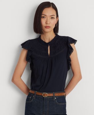 Lauren Ralph Lauren - Women's Lace-Trim Jersey Flutter-Sleeve Blouse