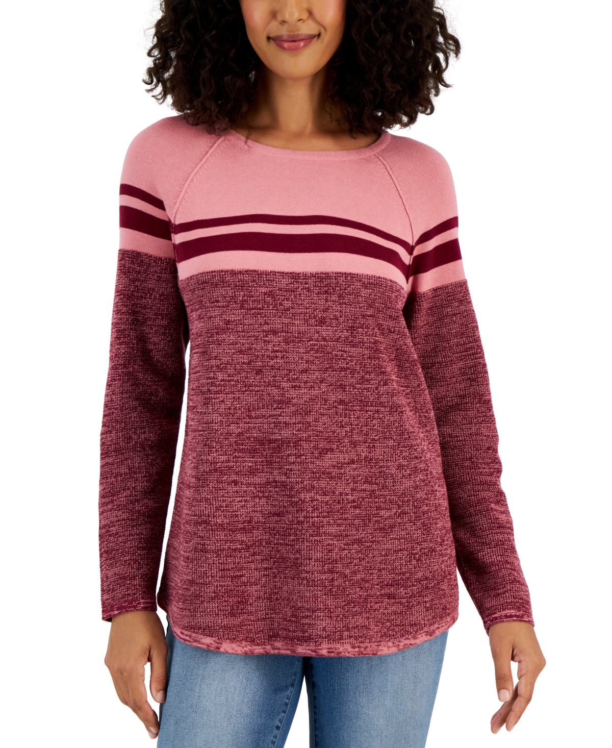 Karen Scott Women's Cotton Colorblocked Sweater, Created For Macy's In Malbec Marl