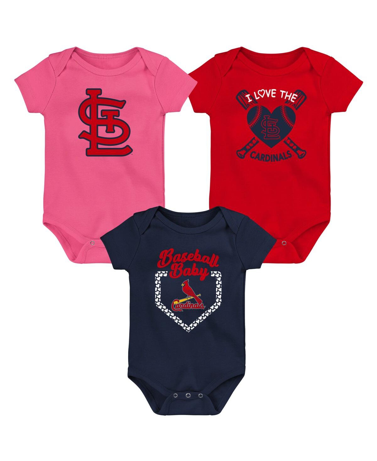 Shop Outerstuff Infant Boys And Girls Red, Navy, Pink St. Louis Cardinals Baseball Baby 3-pack Bodysuit Set In Red,navy,pink