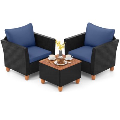 3PCS Patio Rattan Furniture Set Cushioned Sofa Storage Table with Wood Top