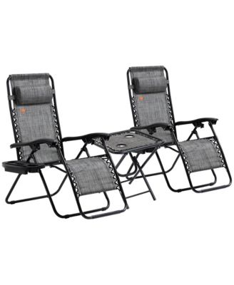 3-Piece Outdoor Chaise Lounger Chair Set, Folding Reclining Zero Gravity Chair with Side Table, Cup Holder and Headrest for Patio, Yard, Beach, Pool, Mixed Grey