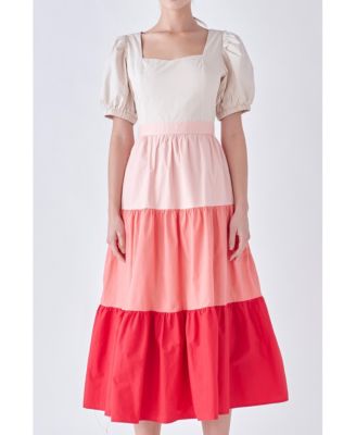 English Factory Women's Color Block Puff Sleeve Tiered Midi Dress