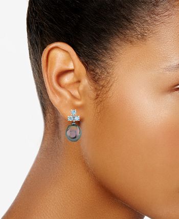 Macy's - Cultured Tahitian Pearl (12mm), Aquamarine (1-1/2 ct. t.w.) & Diamond Accent Drop Earrings in 14k White Gold