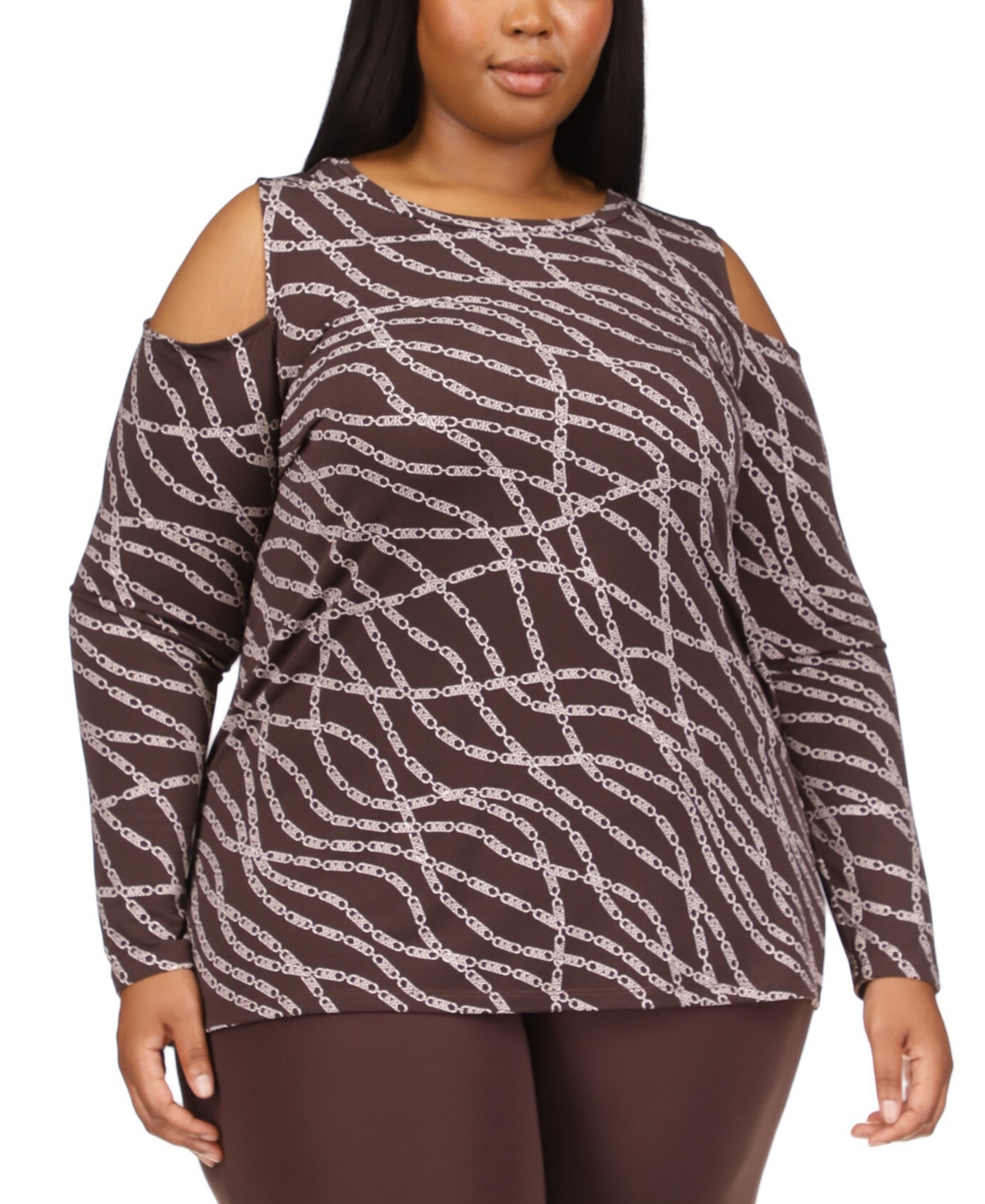 Michael Kors Michael  Plus Size Chain-print Cold-shoulder Top In Chocolate