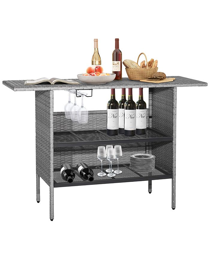 Costway Patio Rattan Wicker Bar Height Counter Table Storage Shelf