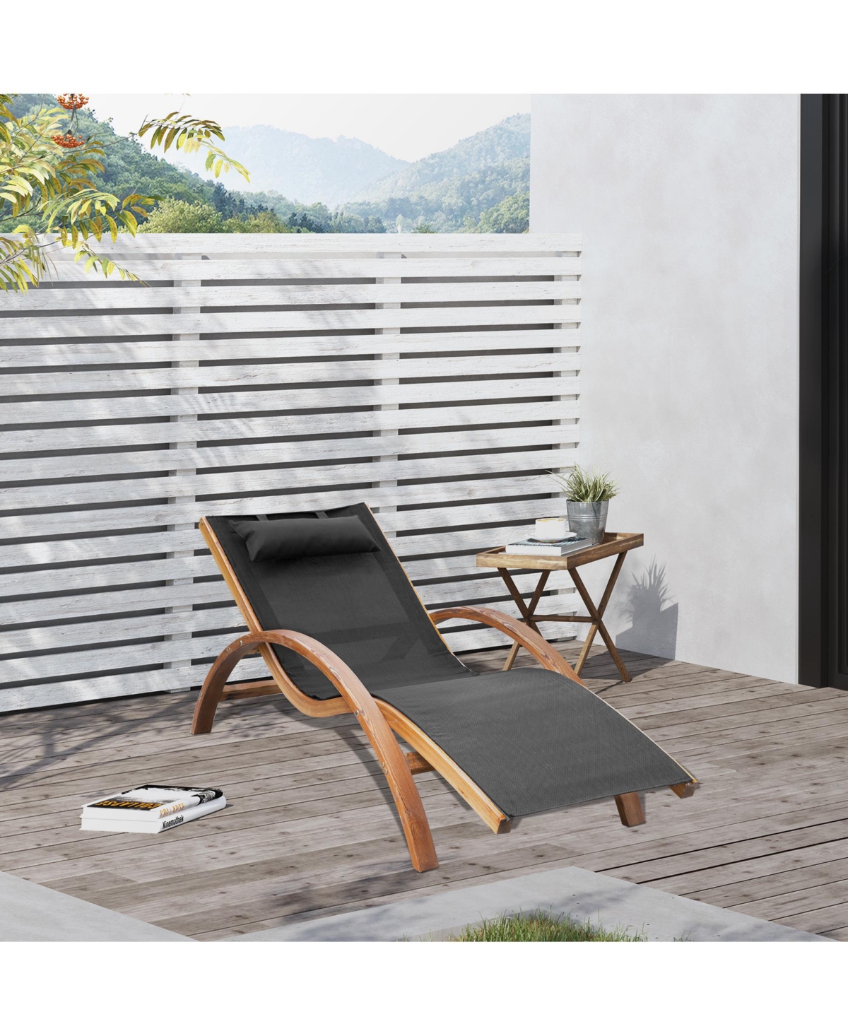 Outsunny Outdoor Chaise Wood Lounge Chair with Pillow, Armrests, Breathable Sling Mesh and Comfortable Curved Design for Patio, Deck, and Poolside - B
