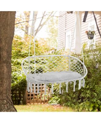 2-Person Hammock Chair Macrame Swing with Soft Cushion, Hanging Cotton Rope Chair for Indoor Outdoor Home Patio Backyard, Grey