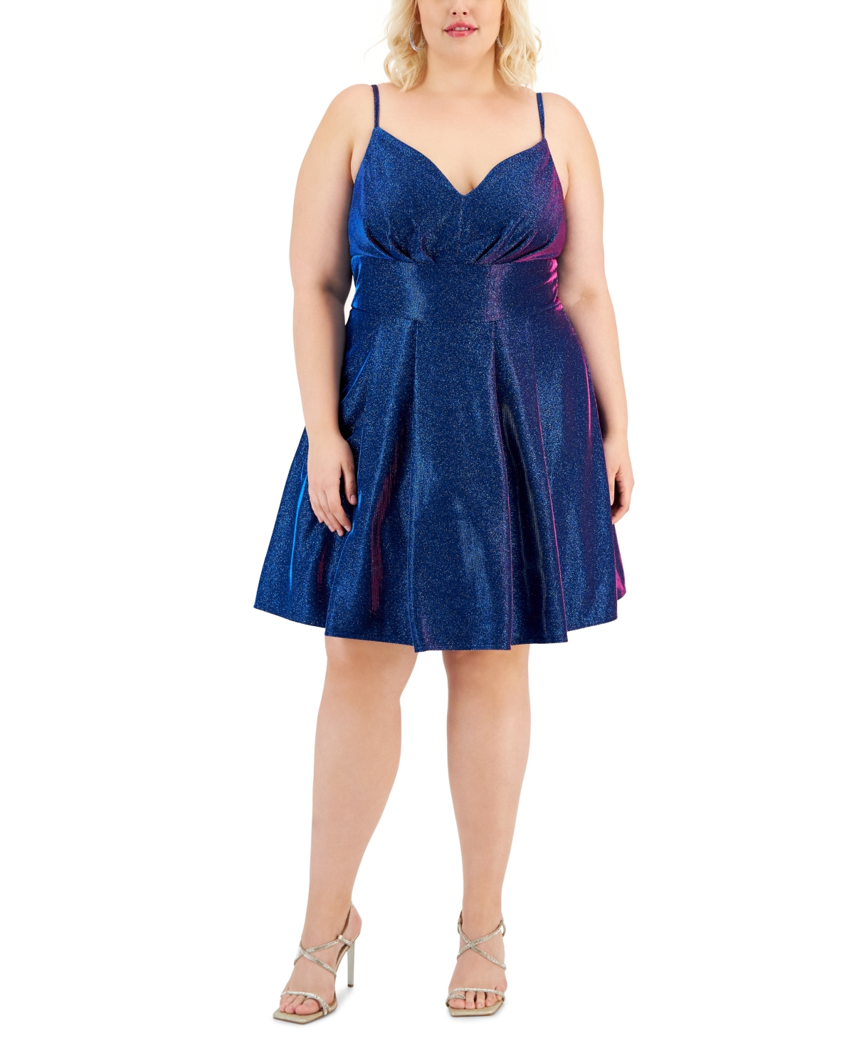 Trendy Plus Size Glitter Fit & Flare Dress - Sapphire/Fucshia