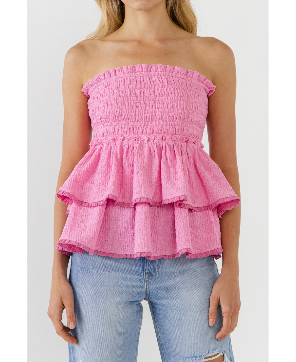 Women's Lace Smocked Knit Ruffled Tube Top - Pink
