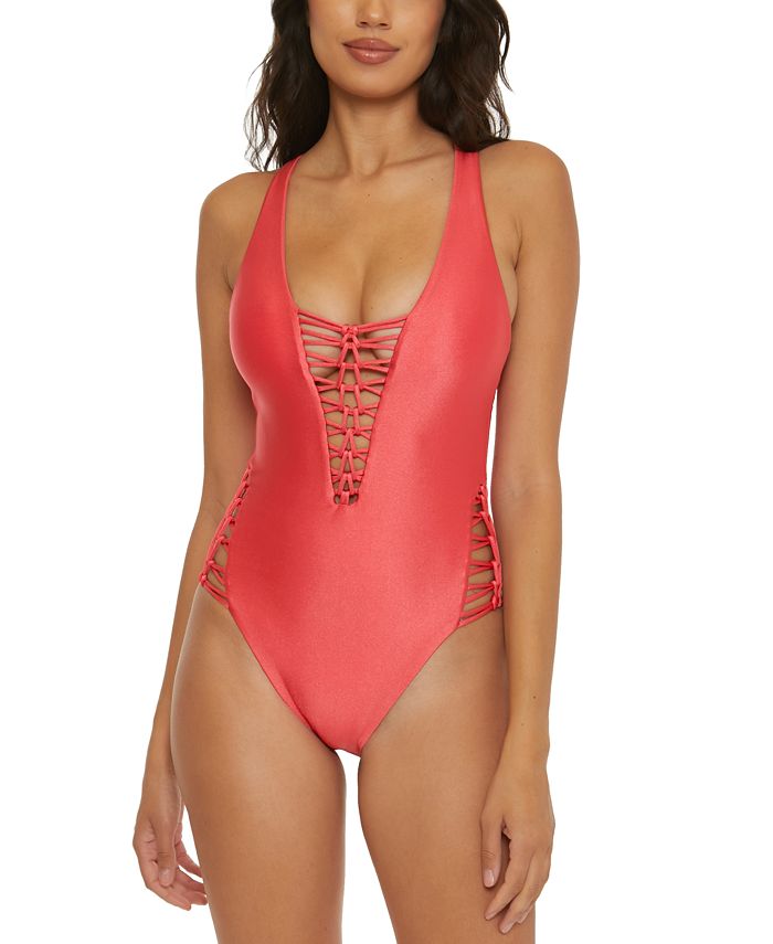 Becca Women s Cross Back Sheen Plunging One Piece Swimsuit Macy s