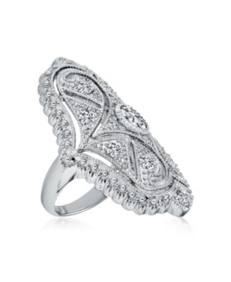 Deco Antique Style Filigree Pave Cubic Zirconia CZ Wide Armor Full Finger Fashion Statement Ring Rhodium Plated Brass