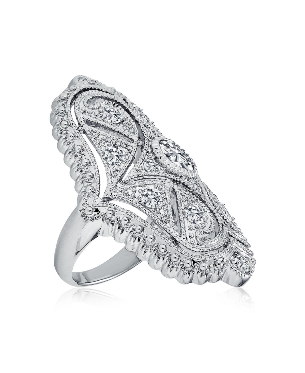 Bling Jewelry Deco Antique Style Filigree Pave Cz Wide Armor Full Finger Fashion Statement Ring Cubic Zirconia Rhodium Plated Brass