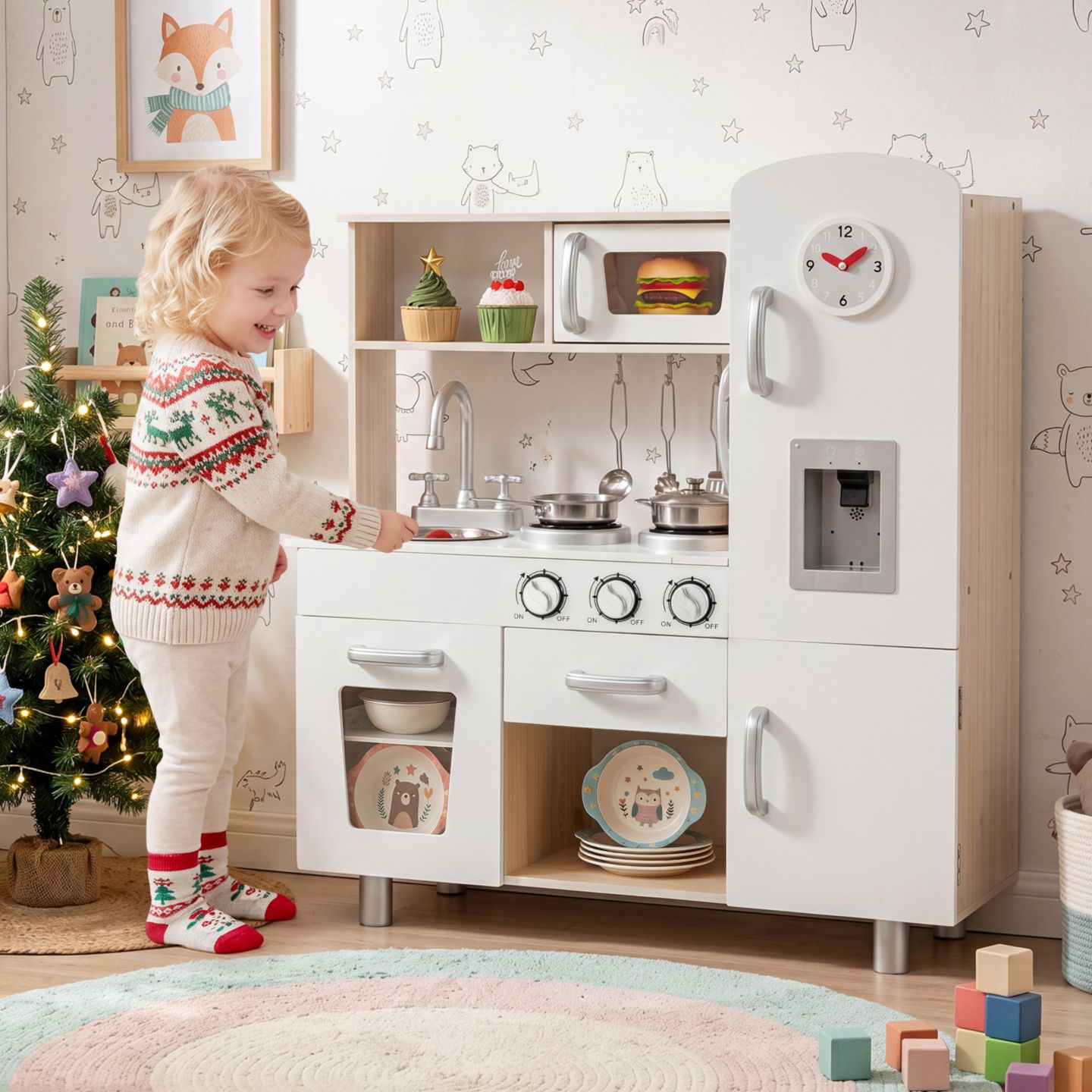 Детские игрушки Costway Water Dispenser 5-Piece Wooden Play Kitchen, от 3 лет, цвет: Белый — фото 2