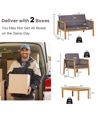 4PCS Patio Rattan Furniture Set Acacia Wood Cushioned Sofa