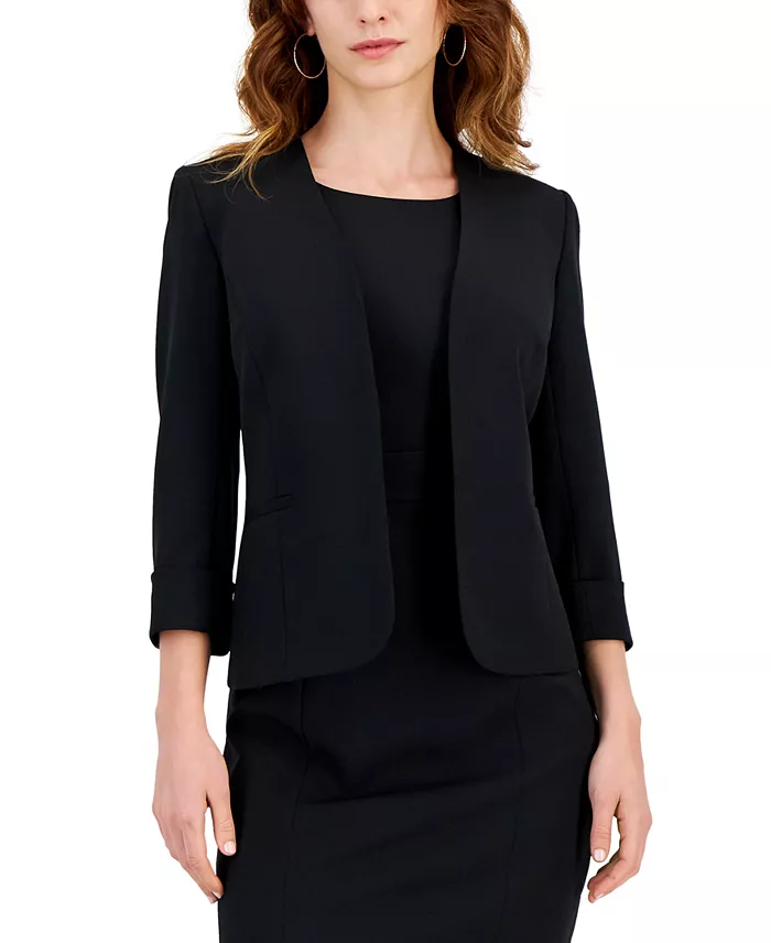 Women's Stretch Crepe Open-Front Roll-Sleeve Jacket, Regular & Petite