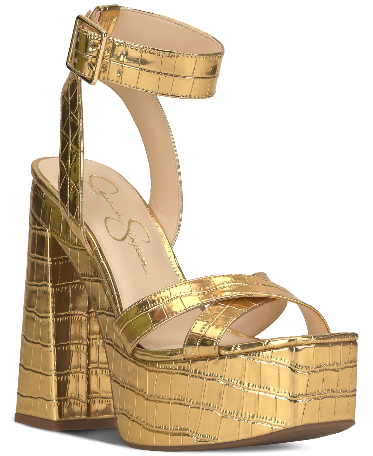 Jessica Simpson Women's Beasley Ankle-strap Platform Dress Sandals In Meta Gold Faux Leather